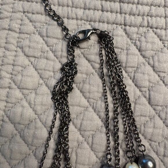 Multi Strand Chain/Faux Pearl Necklace Gunmetal Gray White Brown Costume Jewelry - Picture 4 of 4